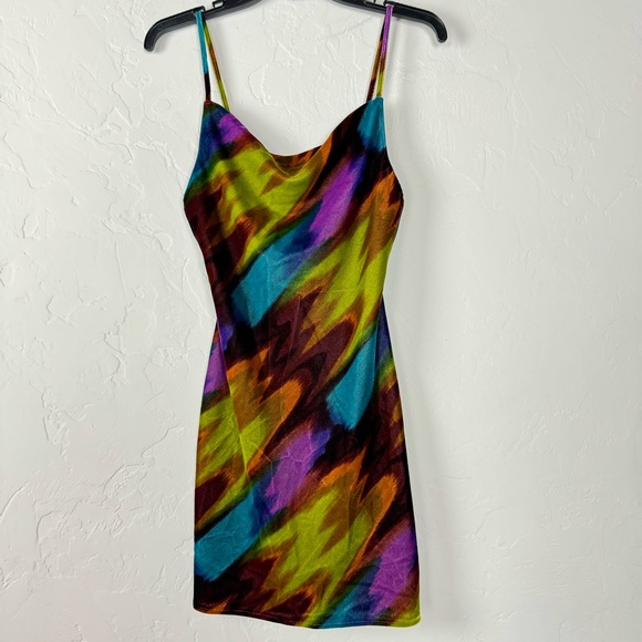 Urban Outfitters‎ Mini Dress Crushed Velvet Retro Watercolor Party Draped Neck - Picture 1 of 9